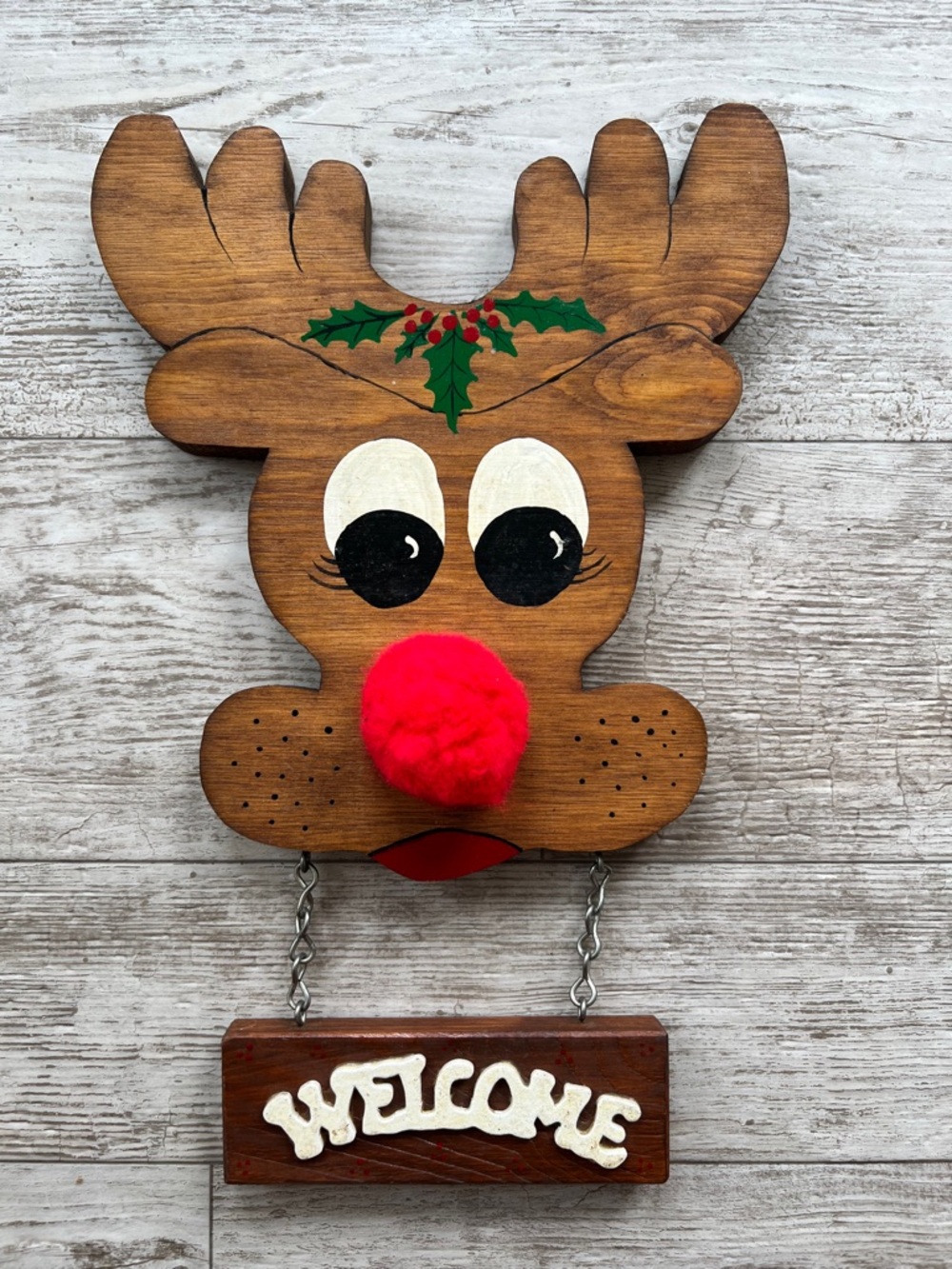 Handmade Festive Vintage Christmas Wooden Reindeer Welcome Sign Rudolph Red Nose